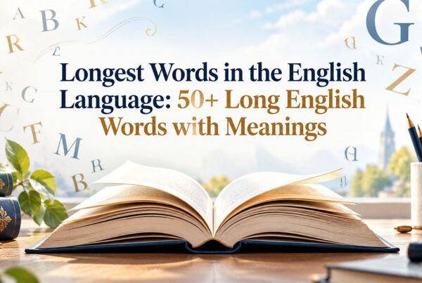 open book with floating letters representing the longest words in English and 50+ long English words with meanings.