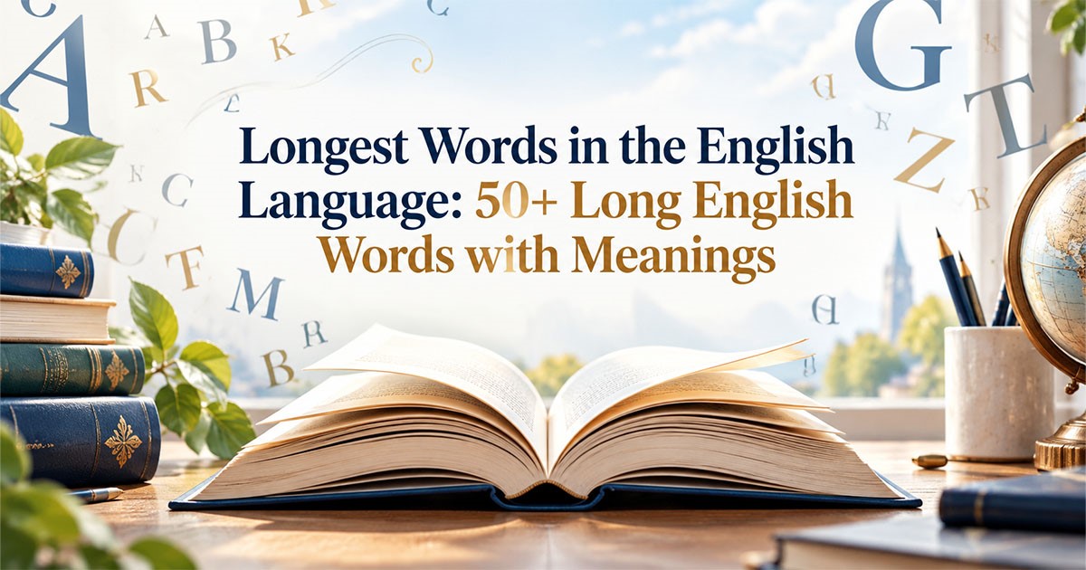 open book with floating letters representing the longest words in English and 50+ long English words with meanings.