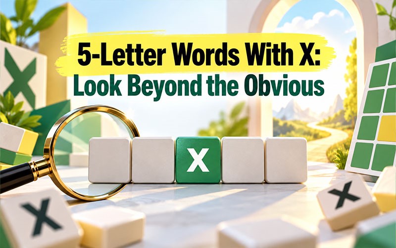 5 letter words with X for Wordle featuring an X tile in a five-letter puzzle pattern with a magnifying glass.