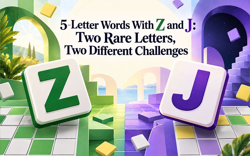 5 letter words with Z and J for Wordle featuring large Z and J letter tiles representing two rare-letter challenges.