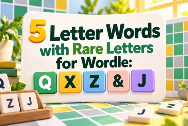5 letter words with rare letters for Wordle featuring Q, X, Z, and J letter tiles on a colorful Wordle-style board.