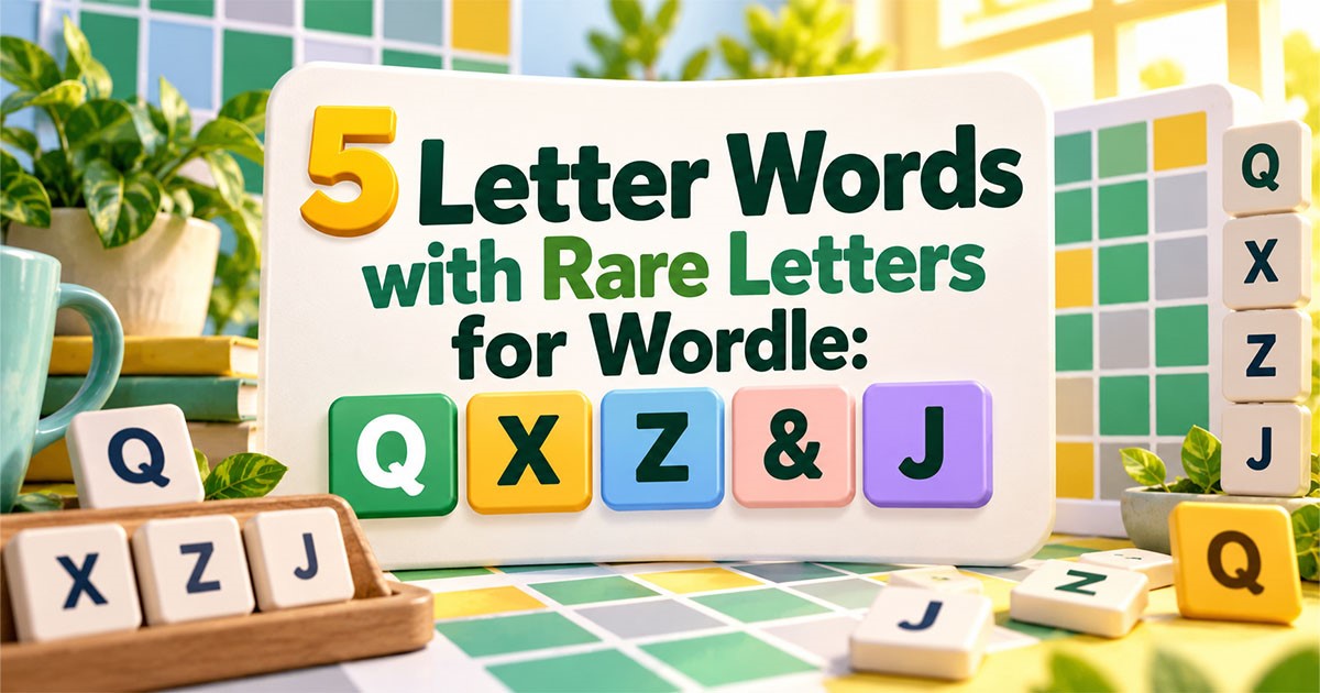 5 letter words with rare letters for Wordle featuring Q, X, Z, and J letter tiles on a colorful Wordle-style board.