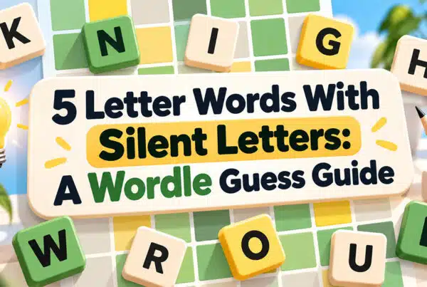 5 letter words with silent letters Wordle guide featuring letter tiles, spelling patterns, and puzzle board for tricky English words.
