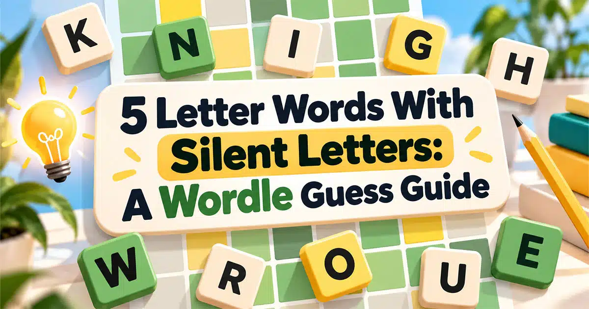 5 letter words with silent letters Wordle guide featuring letter tiles, spelling patterns, and puzzle board for tricky English words.