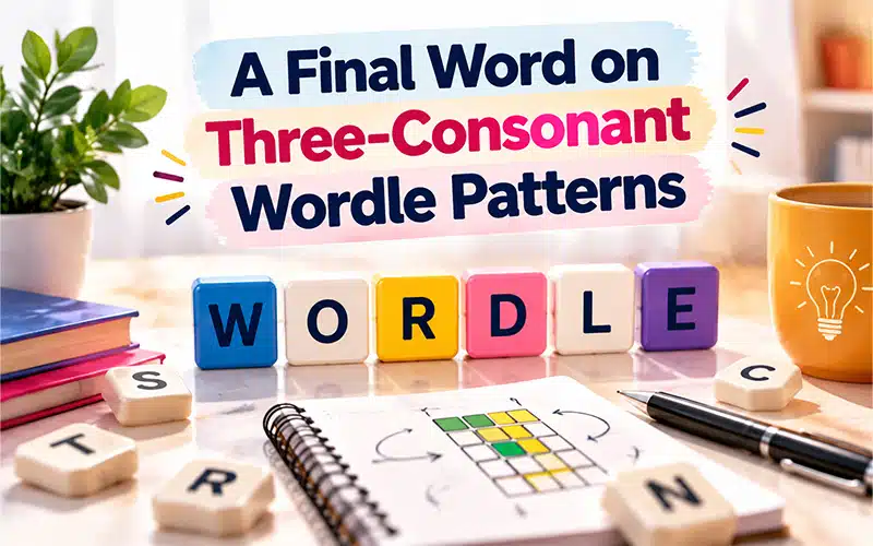 A final word on three-consonant Wordle patterns featuring five-letter word structures, letter tiles, puzzle notes, and consonant pattern strategies.