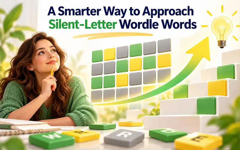 A smarter way to approach silent-letter Wordle words featuring spelling patterns, puzzle tiles, and strategic guessing techniques for five-letter words.