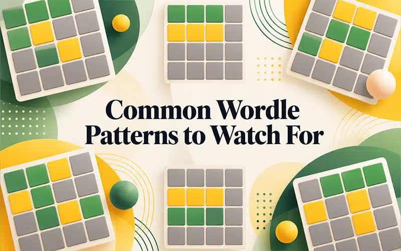 Common Wordle patterns to watch for featuring five-letter word structures, puzzle grids, and letter pattern strategies for solving word combinations.
