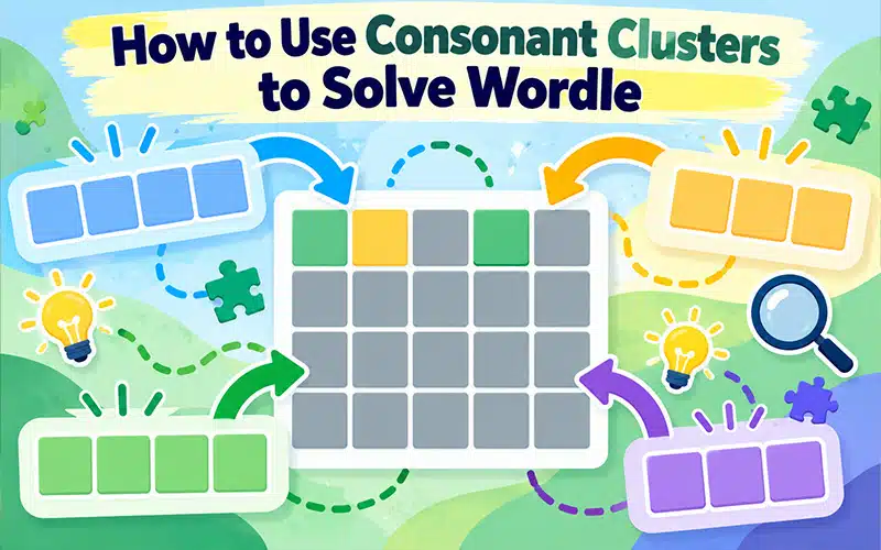How to use consonant clusters to solve Wordle featuring five-letter word patterns, puzzle grids, letter combinations, and guessing strategies.