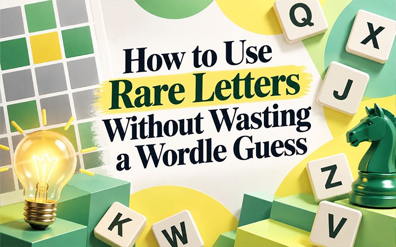 How to use rare letters in Wordle featuring Q, X, Z, and J tiles with a puzzle grid illustrating strategic Wordle guesses.