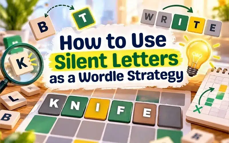 How to use silent letters as a Wordle strategy featuring five-letter word patterns, letter tiles, and puzzle clues for solving tricky guesses.