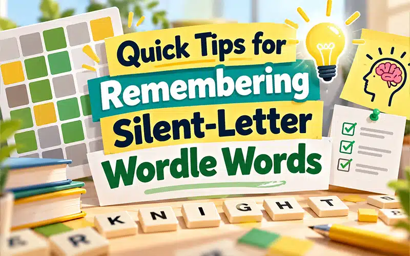Quick tips for remembering silent-letter Wordle words featuring five-letter spelling patterns, letter tiles, puzzle board, and vocabulary learning strategies.