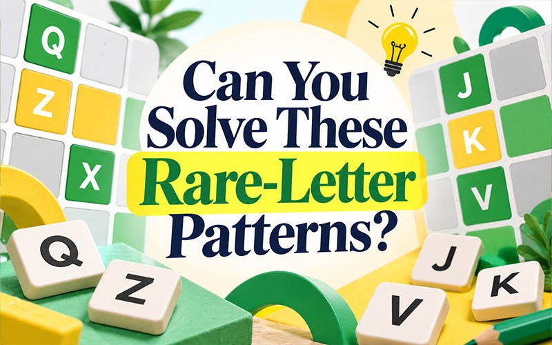 Rare-letter patterns for Wordle featuring Q, X, Z, and J tiles arranged around colorful Wordle puzzle grids.