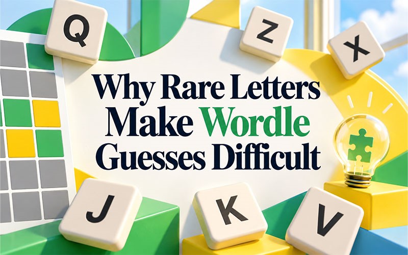 Rare letters in Wordle featuring Q, X, Z, and J tiles with a puzzle board illustrating why rare letters make Wordle guesses difficult.