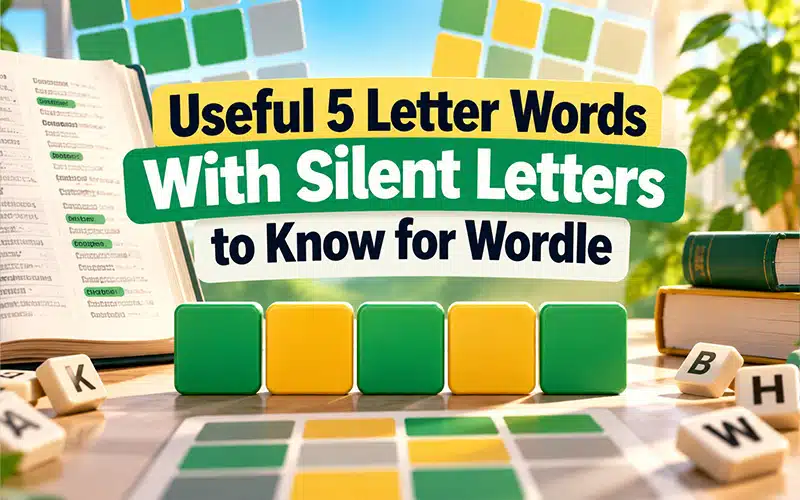 Useful 5 letter words with silent letters for Wordle featuring letter tiles, puzzle grids, and spelling patterns to solve challenging word guesses.