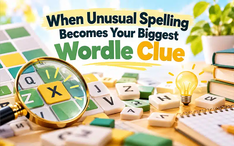 When unusual spelling becomes a Wordle clue featuring silent letter patterns, letter tiles, puzzle board, and vocabulary strategies for difficult five-letter words.
