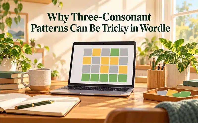 Why three-consonant patterns can be tricky in Wordle featuring a puzzle board, five-letter word patterns, and consonant combinations for solving difficult guesses.